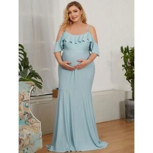 Ever Pretty Maternity Maxi Dress 1XL Blue Cold Shoulder Ruffle Gown